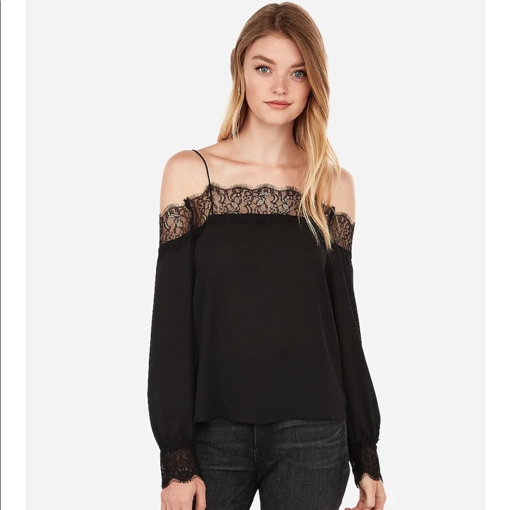 EXPRESS Lace Trim Cold Shoulder Top Black